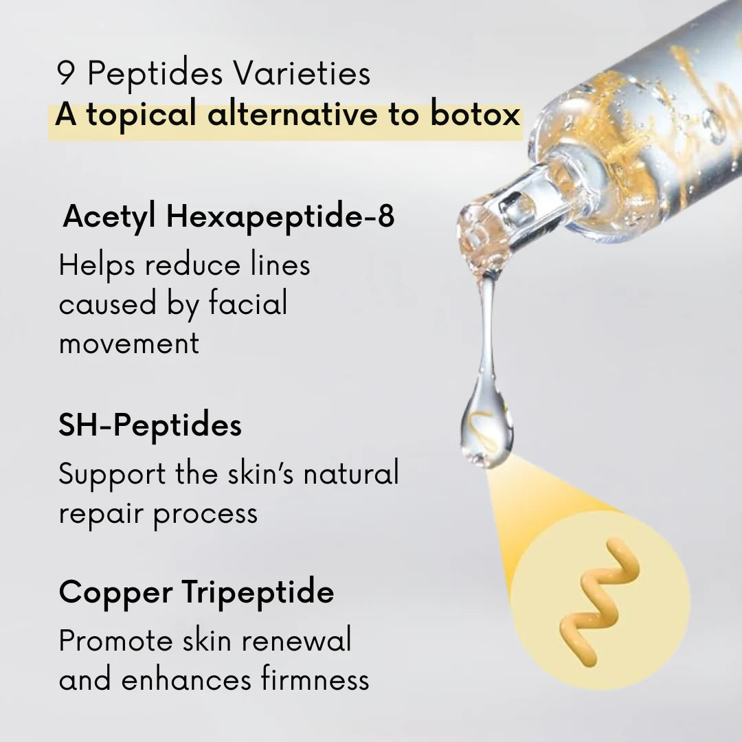 Skincare product with dropper and text about peptide varieties on a light gray background